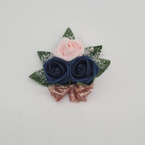 Navy And Rose Gold Boutonnieres And Corsages, Available In 27 Colors, Corsages Available In Pin On And Wrist, Matching Bouquets Available