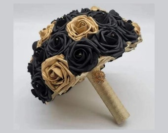 Black and Gold Bridal Bouquet, Bridesmaid Bouquet, Toss Bouquet, Matching Boutonnieres and Corsages, Custom colors Available