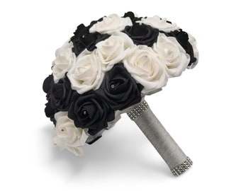 Black and White Wedding Bouquet Made With Real Touch Roses, Bridal Bouquet, Bridesmaid Bouquet and Matching Boutonnieres and Corsages
