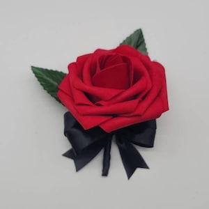 Red and Black Boutonnieres and Corsages, Corsages Available in Pin on and Wrist, Matching Bouquets Available, Made with Real Touch Roses
