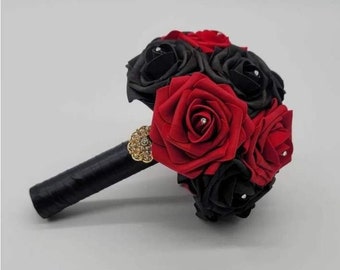 Red And Black Bridal Bouquet, Bridesmaid Bouquet, Mini/Toss Bouquet,Halloween,Matching Boutonnieres and Corsages, Custom Colors Available
