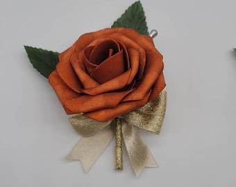 Burnt Orange and Gold Boutonnieres and Corsages, Corsages Available in Pin on and Wrist, Matching Bouquets Available
