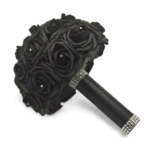 Black Wedding Bouquet Made With Real Touch Roses, Bridal Bouquet, Bridesmaid Bouquet and Matching Boutonnieres and Corsages-Halloween/Gothic