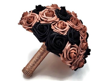 Dusty Rose and Black Bridal Bouquet, Bridesmaid Bouquet, Toss Bouquet, Matching Boutonnieres Corsages, Custom Colors Available