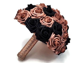 Dusty Rose and Black Wedding Bouquet Made With Real Touch Roses, Bridal Bouquet, Bridesmaid Bouquet and Matching Boutonnieres and Corsages