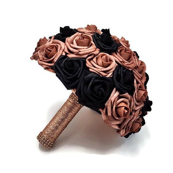 Dusty Rose and Black Bridal Bouquet, Bridesmaid Bouquet, Toss Bouquet, Matching Boutonnieres Corsages, Custom Colors Available