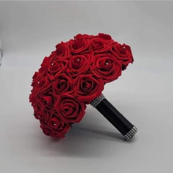 Red And Black Bridal Bouquet Made With Real Touch Roses,Red Wedding Bouquet,Bridesmaid Bouquet,Mini Bouquet,Matching Boutonnieres & Corsages