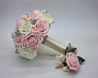 Las Vegas Themed Bridal Bouquet,blush And Ivory Bouquet, Bridesmaid Bouquet,Toss Bouquet,Boutonnieres and Corsages, Available In 27 Colors