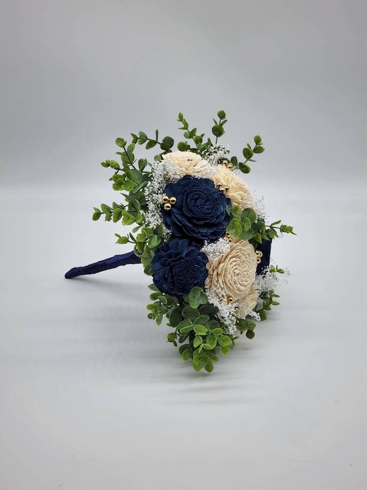 Navy Blue White Cascade Bridal Bouquet - Real Touch Callas Roses