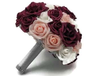 Burgundy, White, and Blush Wedding Bouquet, Bridesmaid bouquet, Mini/Toss Bouquet,Matching Boutonieres and Corsages, Custom Colors Available