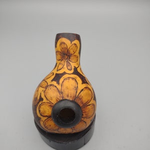 Tobacco Gourd Pipe 09 Hand drawn Wood Burned Daisies Design
