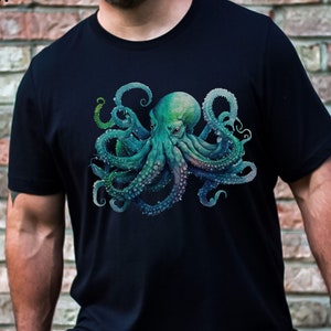 May include: A black t-shirt featuring a green and blue octopus graphic print.