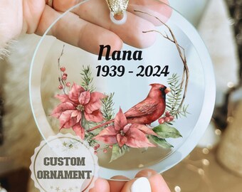 Custom Cardinal Memorial Glass Ornament For Grandma, In Loving Memory, Christmas Tree Clear Keepsake, Remembrance of Nana,Name Sympathy Gift