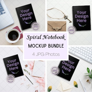 May include: A mockup bundle of four spiral notebooks with black covers and the text "Your Design Here" in white. The notebooks are photographed in different settings, including a laptop, a keyboard, and a white surface with pink flowers.