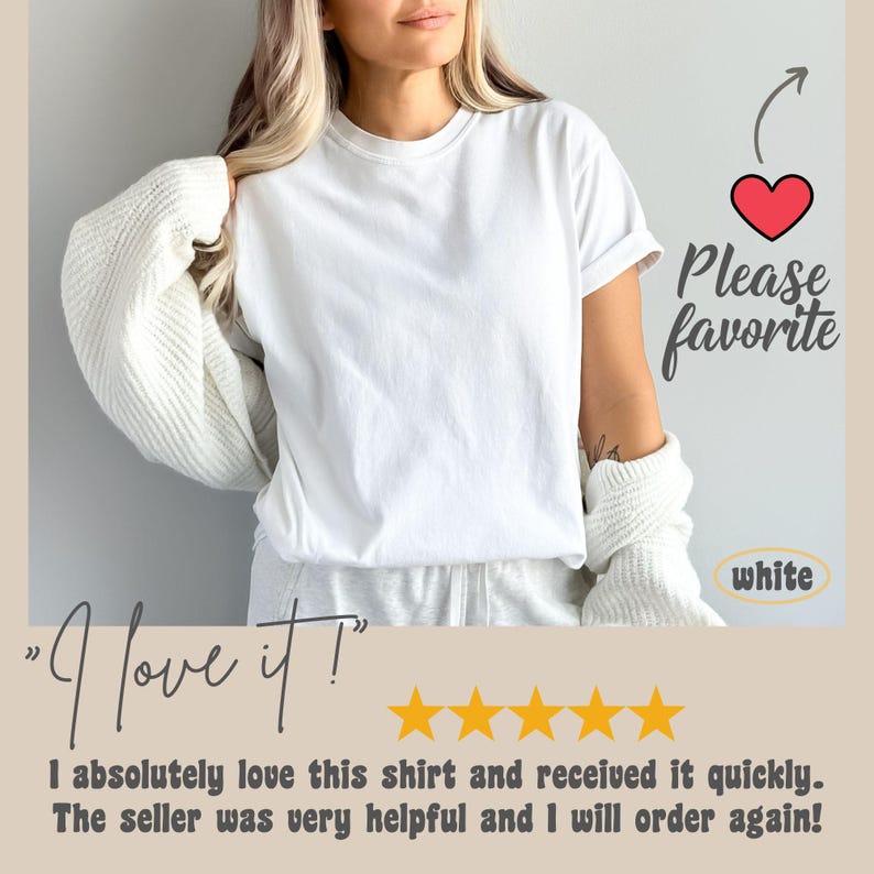 Puede incluir: Una camiseta blanca con el texto "&iexcl;Me encanta!" y cinco estrellas doradas. El texto "Por favor, agrega a favoritos" est&aacute; en la esquina superior derecha de la imagen con un icono de coraz&oacute;n rojo. El texto "blanco" est&aacute; en un c&iacute;rculo blanco con un contorno negro.