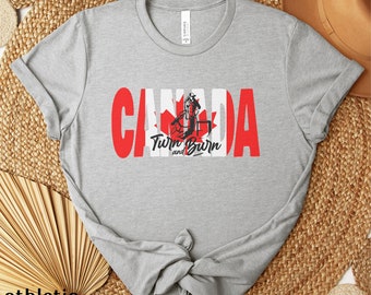 Camiseta de carreras de barriles para mujeres jóvenes, regalo para carreras de barriles, regalo para corredores de barriles, gira y quema, camiseta canadiense de Canadá, camiseta de montar en rodeo