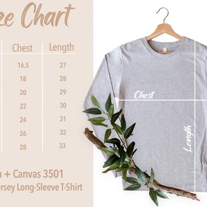 May include: Size chart for a unisex long-sleeved t-shirt, showing chest and length measurements in inches for sizes XS to 3XL. The chart is printed on a beige background with the text "Bella + Canvas 3501 Unisex Jersey Long-Sleeve T-Shirt" below it.