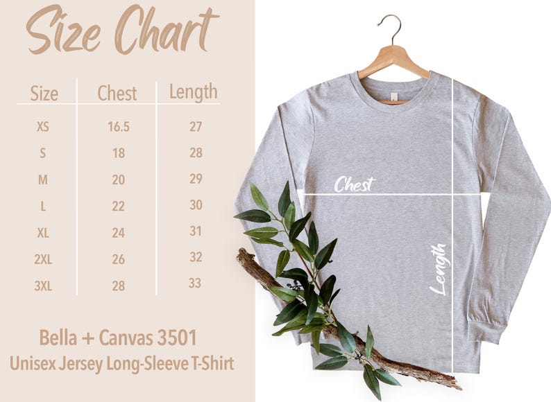 May include: Size chart for a unisex long-sleeved t-shirt, showing chest and length measurements in inches for sizes XS to 3XL. The chart is printed on a beige background with the text "Bella + Canvas 3501 Unisex Jersey Long-Sleeve T-Shirt" below it.