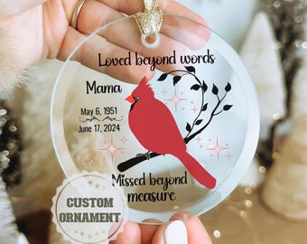 Custom Cardinal Memorial Glass Ornament For Mom, In Loving Memory, Christmas Tree Clear Keepsake, Remembrance of Mother, Name Sympathy Gift