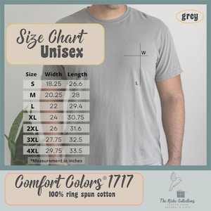 Puede incluir: Tabla de tallas unisex para una camiseta gris con medidas en pulgadas. La tabla muestra el ancho y la longitud de la camiseta en las tallas S, M, L, XL, 2XL, 3XL y 4XL. El texto "Comfort Colors 1717 100% ring spun cotton" est&aacute; en la parte inferior de la tabla.