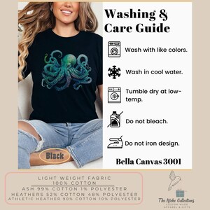 May include: A black t-shirt featuring an octopus graphic. The shirt is made from lightweight fabric and is available in a range of colours. The care instructions for the shirt are listed on the right side of the image. The text on the image reads: "Washing & Care Guide", "Wash with like colours", "Wash in cool water", "Tumble dry at low-temp", "Do not bleach", "Do not iron design", "Bella Canvas 3001", "LIGHT WEIGHT FABRIC 100% COTTON", "ASH 99% COTTON 1% POLYESTER", "HEATHERS 52% COTTON 48% POLYESTER", "ATHLETIC HEATHER 90% COTTON 10% POLYESTER", "The Niche Collections CUSTOM MADE APPAREL & GIFTS".