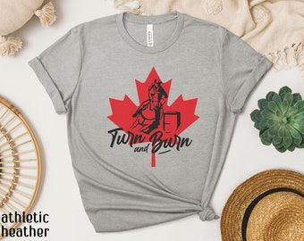 Camiseta de carreras de barriles para mujeres jóvenes, regalo para carreras de barriles, regalo para corredores de barriles, gira y quema, camiseta canadiense de Canadá, camiseta de montar en rodeo