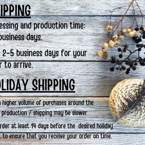May include: A wooden sign with white paint and black text detailing shipping information for orders. The text reads "SHIPPING", "Processing and production time: 1-5 business days", "Then 2-5 business days for your order to arrive", "HOLIDAY SHIPPING", "Due to a higher volume of purchases around the holidays production / shipping may be slower", and "Please order at least 14 days before the desired holiday or event to ensure that you receive your order on time."