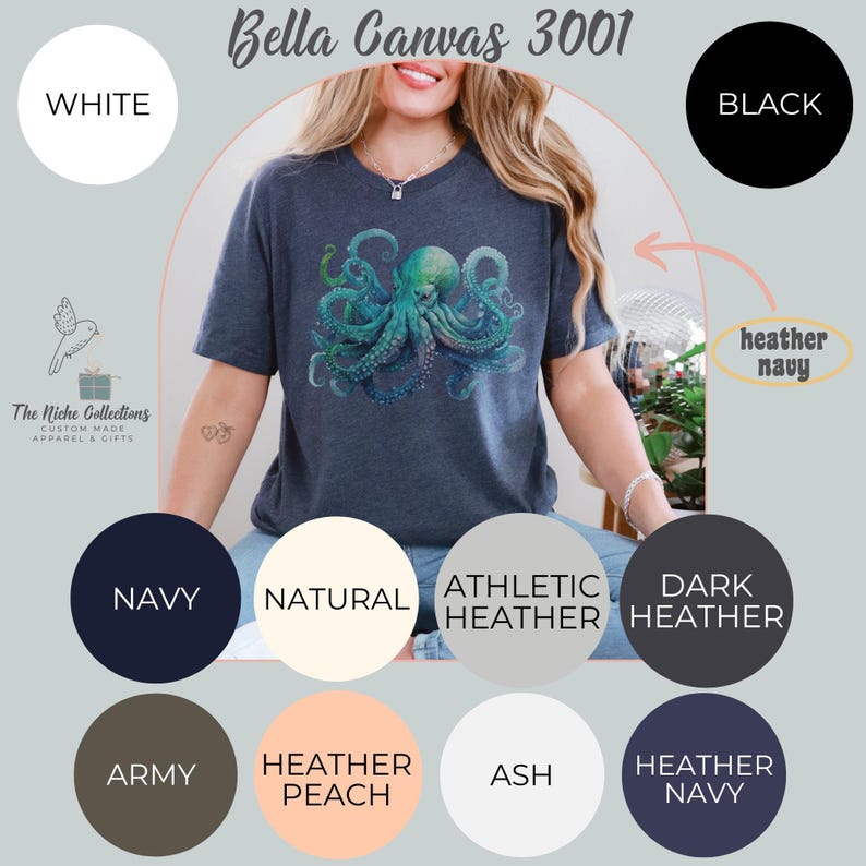 May include: A Bella Canvas 3001 t-shirt in a dark heather grey colour featuring a colourful octopus graphic. The shirt is shown on a model wearing jeans. The image also shows a variety of colour options for the shirt, including white, black, navy, natural, athletic heather, dark heather, army, heather peach, ash, and heather navy.