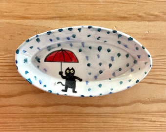 Cat and umbrella, oval dish