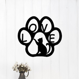 Handcrafted Metal Wall Art, Kitten Cat Silhouette in Paw Print, Pet Love, Home Decor Sign, Unique Gift Idea Memorial Sign