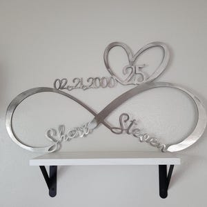 Personalized Metal Infinity Symbol 25th Silver Wedding Anniversary, Handcrafted Wall Art, Name, Date, Heart Husband Wife Home Decor Gift