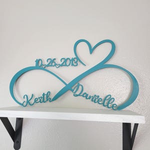 Personalized Metal Infinity Symbol 11th Turquoise Steel Wedding Anniversary, Handcrafted Wall Art, Name, Date, Heart Husband Wife Home Decor