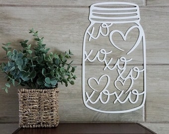 Handgemaakt metalen bord, muurkunst woondecoratie, glazen pot met knuffels en kusjes xoxo 11e staal 25e zilveren jubileum liefde uniek cadeau