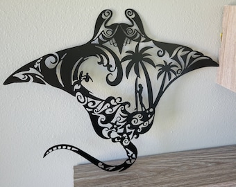 Metal Wall Art Stingray, Sting Ray, Ocean Life Scene, Manta ray, Tribal, Surfing, Surfboard, Fish, Seashell, Waves Island Home Décor Gift