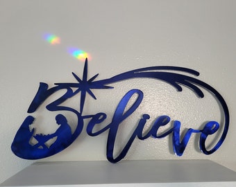 Custom Metal Wall Art Sign, Christmas Believe, Baby Jesus Hanging Nativity Scene Religious Home Decor Family Gift, Minimalist Simple Unique