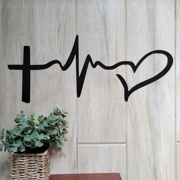Metalen muur kunst geloof hoop liefde teken, kruis hart hartslag symbool, 11e 25e 50e verjaardag cadeau idee