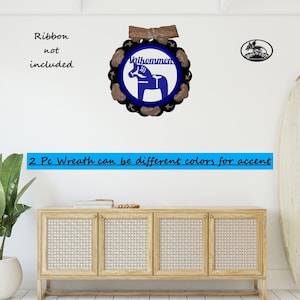 Valcommen, Schwedisches Willkommensschild mit Dalapferd, eigenständiges 13-Zoll-Metallschild oder Verwendung als Teil eines 18-Zoll-Magnetkranzes.