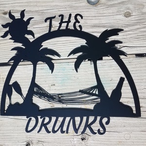 Enseigne artistique murale en métal, nom de famille personnalisé drôle, ivrognes, tropical, hamac, bar, terrasse, piscine, maison, maison, décoration