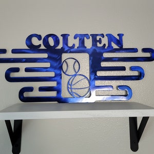 Personalized Metal Sports Trophy Ribbon Tiered Multiple Holder Hanger Wall Display Rack, Football, Baseball, Soccer Medals, Custom Kids Name
