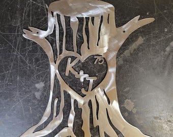 Initiales personnalisées en métal sculpté sur tronc d'arbre, coeur de couples, nom Date Art mural mariage 25e anniversaire d'argent mari femme cadeau décoration d'intérieur