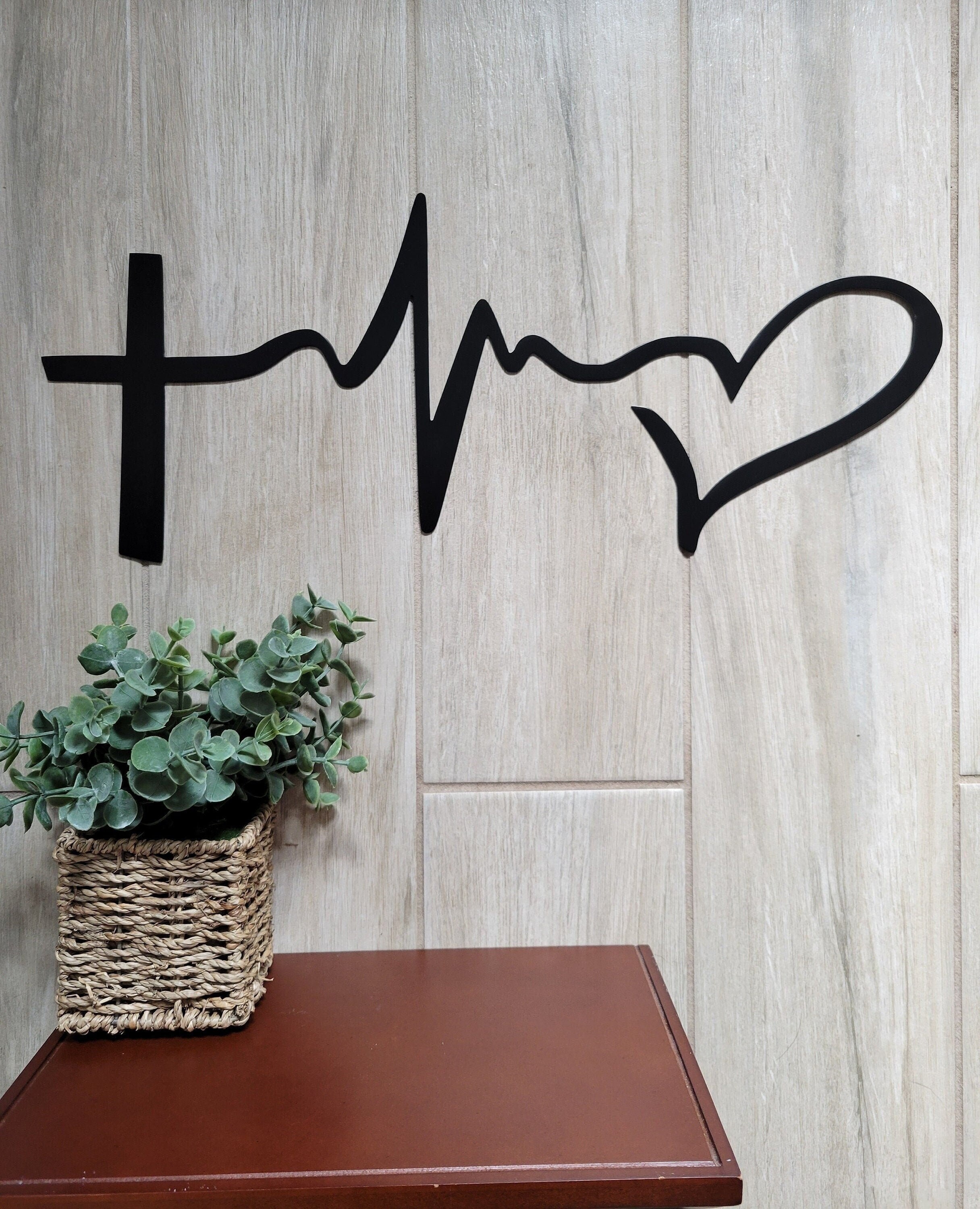 Metal Wall Art Faith Hope Love Sign, Cross Heart Heartbeat Symbol