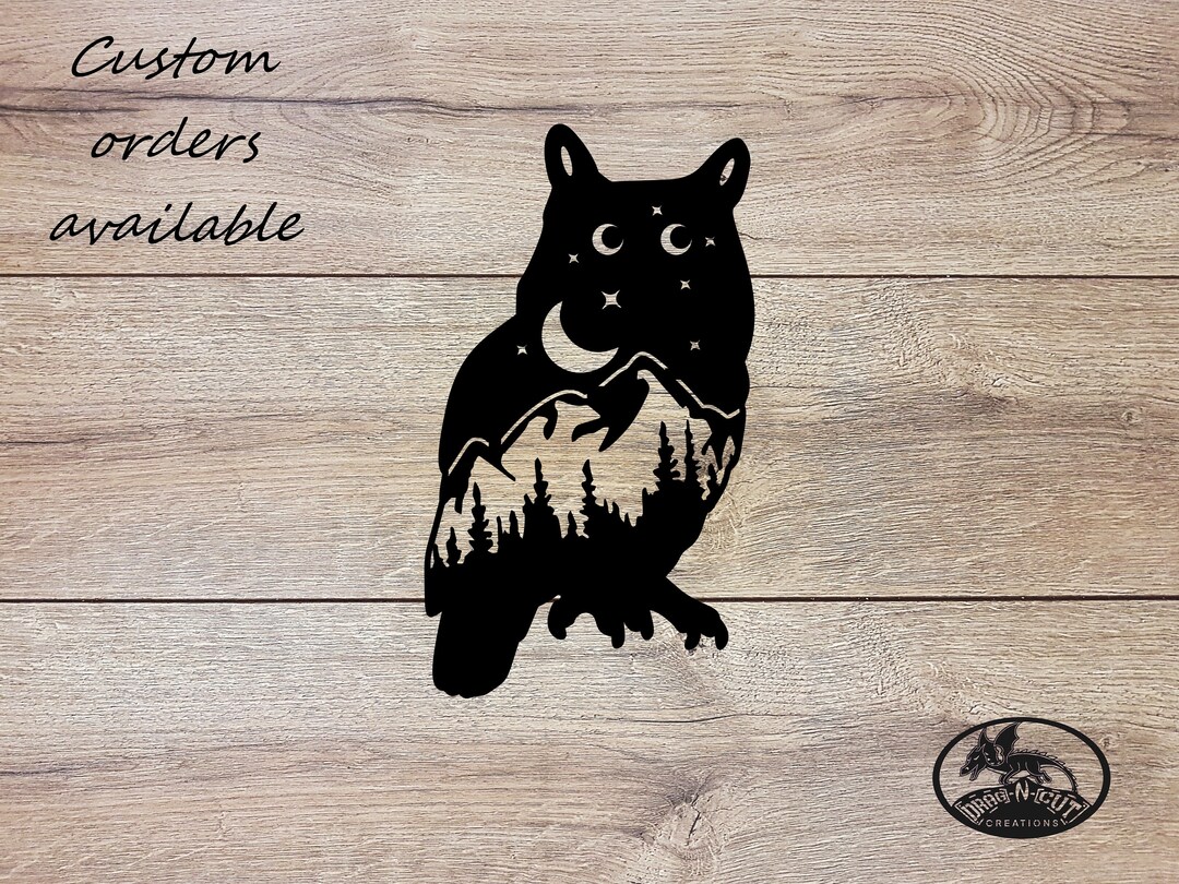 Metal Wall Art, Great Horned Owl Mountain Trees, Night Sky Moon Stars ...