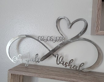 Personalized Metal Infinity Symbol 25th Silver Wedding Anniversary, Handcrafted Wall Art, Name, Date, Heart Husband Wife Home Decor