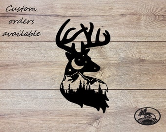 Metal Wall Art Sign Buck Antlers Mountain Tree Night Sky Scene Outdoor Cabin Decor