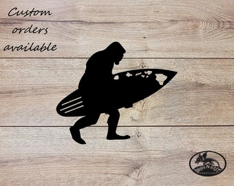 Metalen muurkunstbord, Bigfoot Sasquatch-surfplank, Hawaiiaanse Hawaï-eilanden woondecoratie binnen of buiten tuinkunst