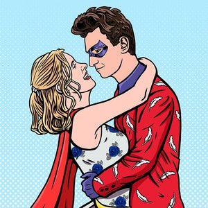 Retrato de casal de super-heróis se beijando no estilo POP ART \ Estilo Roy Lichtenstein \ Para uso digital e impressão pessoal \ Retrato personalizado