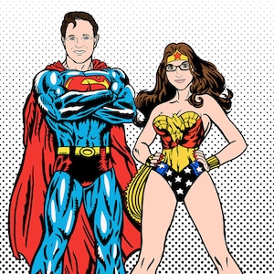 Retrato de casal de super-heróis no estilo POP ART \ Estilo Roy Lichtenstein \ Para uso digital e impressão pessoal \ Retrato personalizado