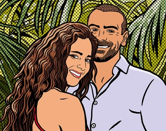 May include: A couple in a pop art style illustration, standing close together in front of a green and yellow tropical leaf background. The woman is wearing a red dress and the man is wearing a light purple shirt.