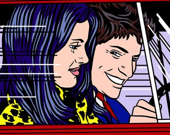 May include: A man and a woman are sitting in a red car. The woman has long blue hair and is wearing a yellow and black leopard print shirt. The man has brown hair and is wearing a blue suit with a red tie. He is smiling and looking at the woman.