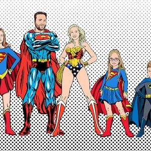 Retrato de família de super-heróis no estilo POP ART \ Estilo Roy Lichtenstein \ Ilustração de retrato personalizada \ Para uso digital e impressão pessoal